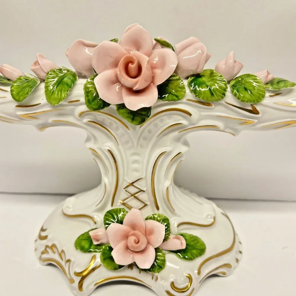 Vintage AK W. Germany Double Porcelain Candle Holder 700–Pink Rose Dresden Style